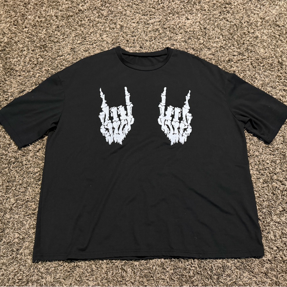 Black T-Shirt with Skeleton Hand Design